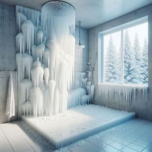 frozen shower stall with icicles