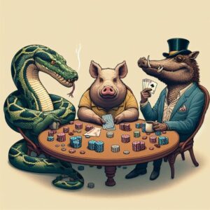 python, feral pig, alligator, playing poker at a table